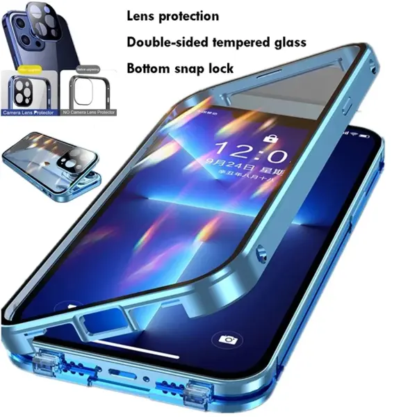 360 ° Full Protection Metal Magnetic Double-Sided Glass Snap Lock Phone Case For iPhone 16 Pro Max 14 11 12 13 15 Pro Max Cover