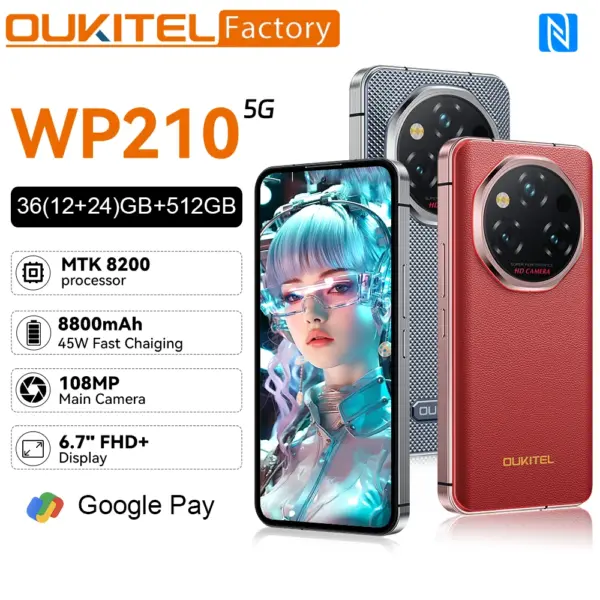 OUKITEL WP210 5G Rugged Phone 6.56" Display 120Hz Cell Phone 36GB+512GB 45W, Telephone Portable 8800mAh Smartphon Android 15 NFC