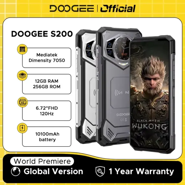 Global Version DOOGEE S200 5G Rugged Phone 12GB 256GB 6.72" 120Hz Display 100MP AI Main Camera 10100mAh Battery Android 14 NFC