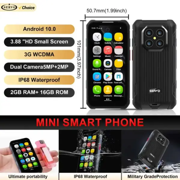 SERVO IP68 Waterproof Mini Smartphone 3G WCDMA Android OS 2GB+16GB PTT Network Intercom WiFi GPS 3.88" Small Rugged Smart Phones
