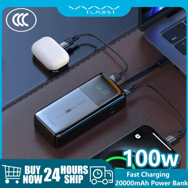 Vyvylabs 20000mAh Power Bank Digital Display 100W Portable Power Station Fast Charging Powerbank with Cable for iPhone Laptops