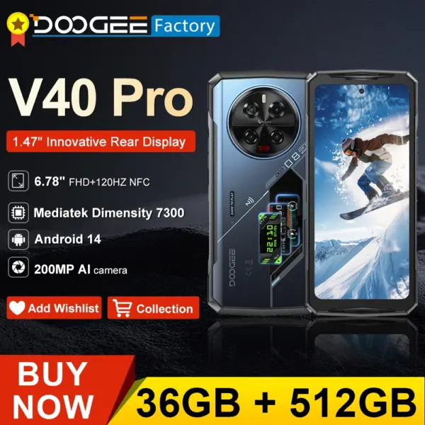 DOOGEE V40 Pro 5G Rugged Phone 36GB(16+20) 512GB 6.78" Smartphone Dimensity 7300 200MP Camera 8680mAh Android 14 Cellphone