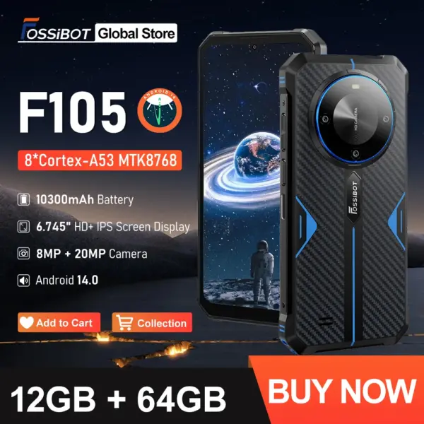 FOSSiBOT F105 Rugged Smartphone 6.745" HD+ IPS Phone Android 14 OS 10300mAh 12+64GB Mobile Phone 20 MP Camera