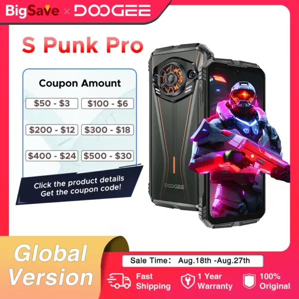 Global Version DOOGEE S Punk Pro Rugged Phone LED Light Effect 8GB RAM 512GB ROM 6.6” FHD+ 90Hz 10800mAh Battery Android 14 NFC