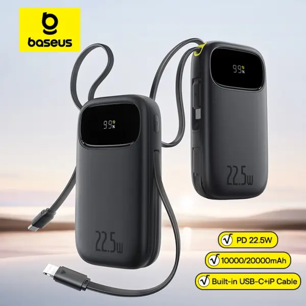 Baseus 22.5W 10000mAh 20000mAh Power Bank Built-In Retractable USB-C & Lightning Cable for iPhone 16 Samsung S25 Xiaomi Poco