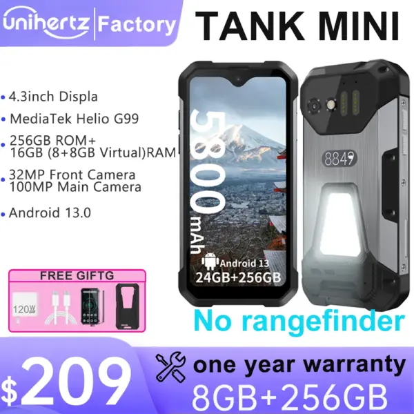 Unihertz 8849 Tank Mini1 Rugged Mini Phone 4.3" Display Android 13, Helio G99 Octa Core, 16GB 256GB, 100MP Cameras, 5800mAh,IP68