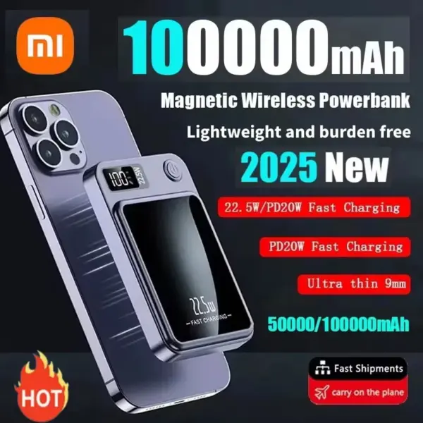 Xiaomi 100000mAh Power Bank Magnetic Wireless 22.5W Ultra Capacity Super Fast Charging Power Bank For Iphone16 Samsung Xiaomi
