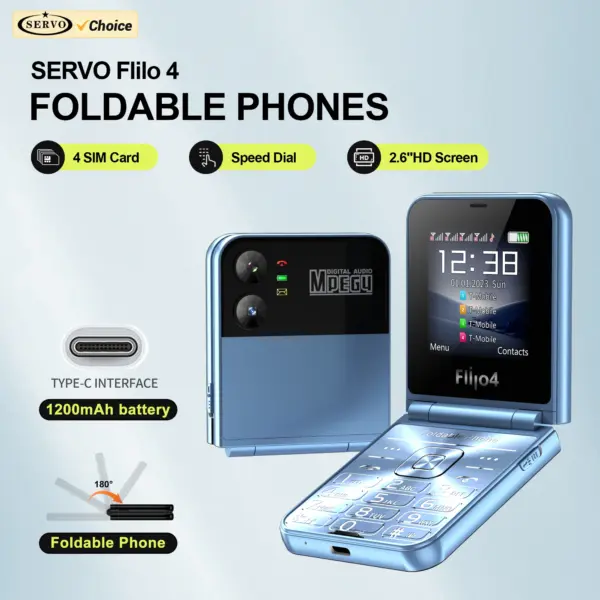 SERVO Flilo4 Foldable Mobile Phone 4 SIM Standby Magic Voice Speed Dial Call Recording MP4 Player Flashlight 2G Flip Cellphones