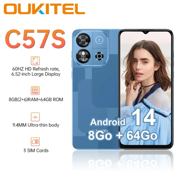 OUKITEL C57S Smartphone Android 14 8G (B2 + 6) RAM+64GB ROM Telephon Portable 6.52 " 60Hz 13MP 4300mAh Dual SIM 4G Call Phone