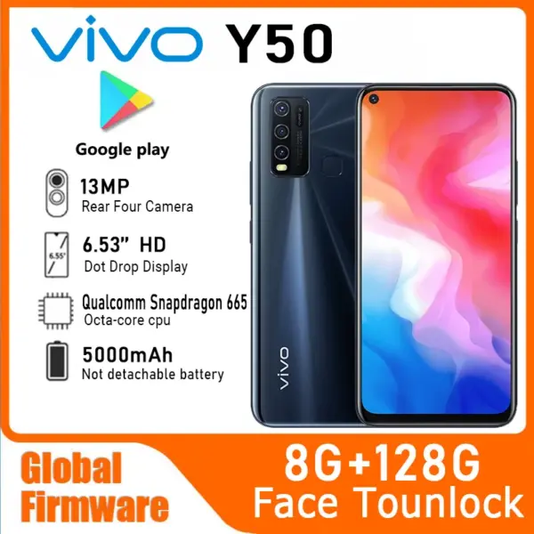 VIVO Y50 Global Firmware mobile phone Snapdragon 665 Octa Core 6.53" 5000mAh 8GB 128GB 16.0MP Cameras Used Phone