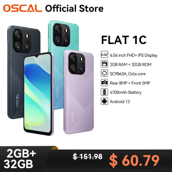 OSCAL FLAT 1C Smartphone Android13, 6.56'' HD Display, 4700mAh Battery Cell Phone, 2GB 32GB Octa Core 8MP Camera Mobile Phone 4G