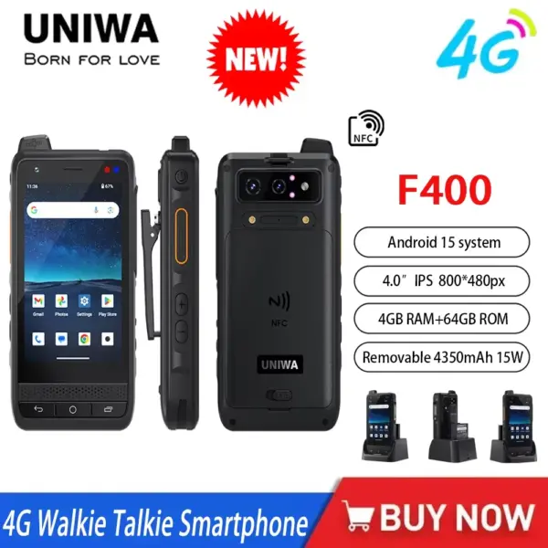 NEW Global Edition UNIWA F400 4G Zello Walkie Talkie Smartphone 4" Android15 5.0MP 13MP 4GB+64GB 4350mAh 15W PoC Radio SOS NFC