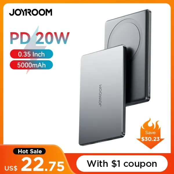 Joyroom 0.35 Inch Ultra Slim Power Bank for Magsafe 5000mAh Wireless Portable Charger with USB-C Cable for iPhone 16/15/14/13/12