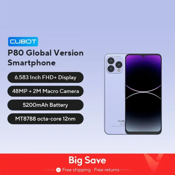 Cubot P80, Global Version Smartphone Android, 8GB RAM, 256GB ROM, NFC, 6.583 Inch FHD+ Screen, 48MP+24MP, Android 13, 5200mAh