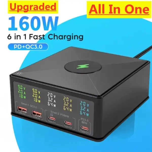 160W USB C GaN Charger Wireless Charger PPS PD 65W 100W Desktop Fast Charging Station Power for MacBook Tablet iPhone 16 Samsung