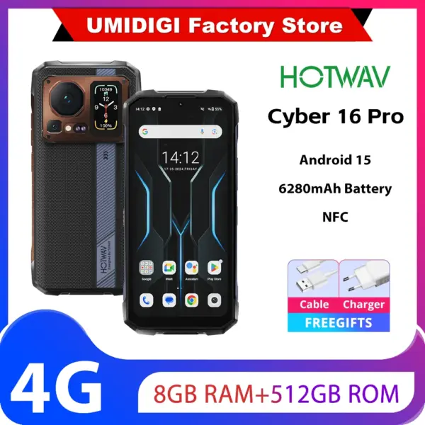 HOTWAV Cyber 16 Pro 8GB 512GB Rugged Android 15 Phone 6.6'' FHD+ 120Hz Display 108MP Cellphone 6280mAh 33W Mobile Phone Global