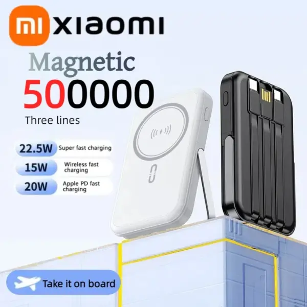 Xiaomi 50000mAh 2 In1 Wireless Magnetic Power Bank Bracket Built-in 3 Wires Portable External Battery For iPhone Samsung Android