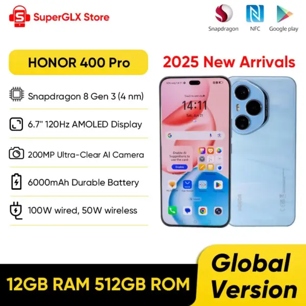 Global Version HONOR 400 Pro 5G Smartphone 6.7"120Hz AMOLED Display Snapdragon 8 Gen 3 6000mAh 200MP Camera 100W SuperCharge NFC