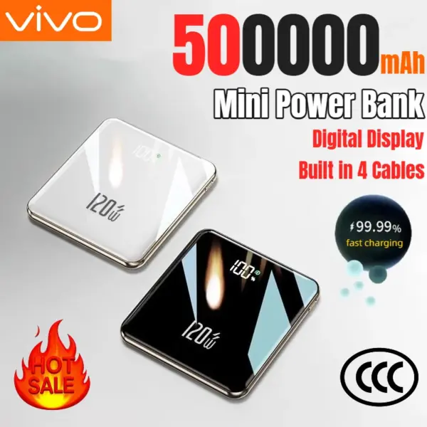 VIVO 500000mAh Mini Power Bank Large Capacity Super Fast Charging External Battery Built-in 4 Cables for IPhone Samsung Xiaomi