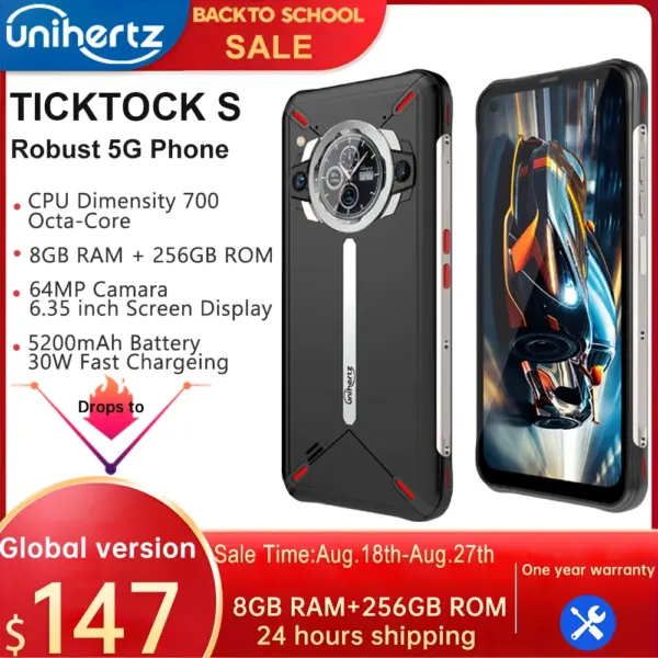 Unihertz Ticktock-S Slim Rugged 5G Smartphone 8GB 256GB Cell Phone 5200mAh Dual Screen Mobile Phone 64MP Camera Dimensity 700