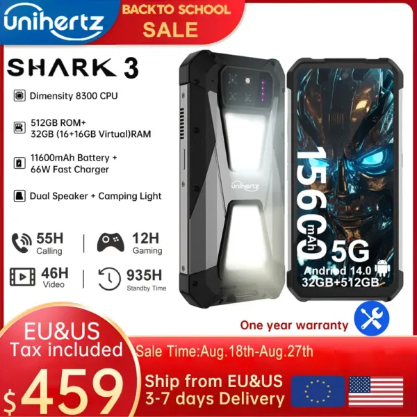 Unihertz SHARK 3 by 8849 Smartphone Android 14 32GB 512GB Dimensity 8300 3K AMOLED Screen 11600mAh Night Camera 5G Rugged Phone