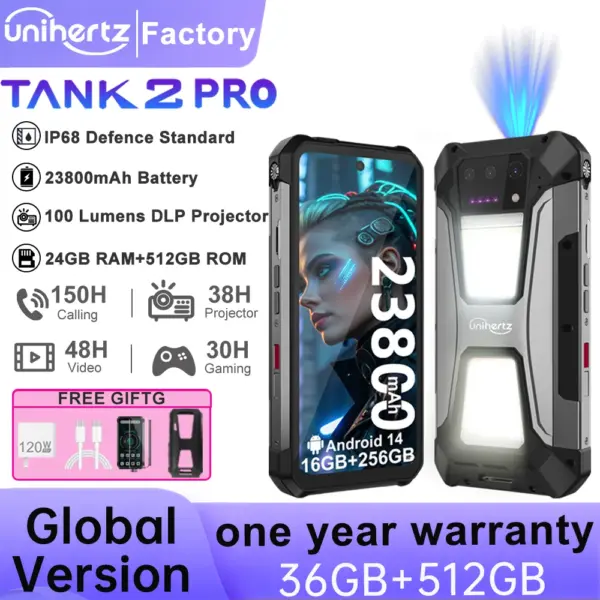 US MX Warehouse Unihertz 8849 Tank 2 PRO Rugged Smartphone with Projector, Android 14，24 + 256GB 23800mAh battery,120W charger