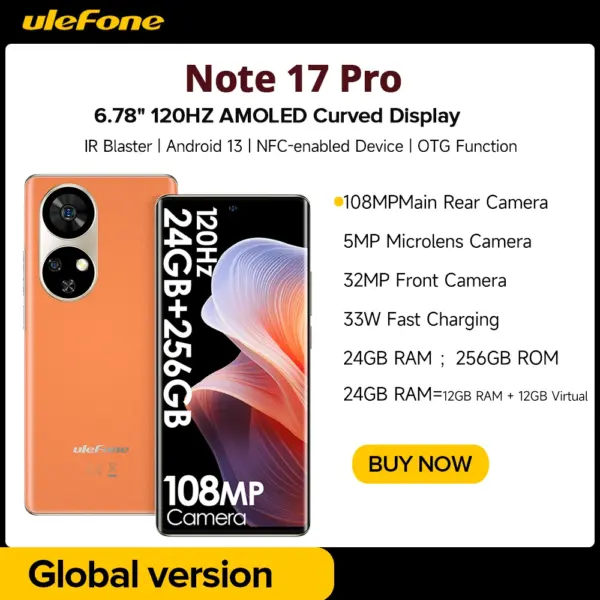 Ulefone Note 17 Pro Smartphone 6.78" 120HZ AMOLED Curved Display 24GB+256GB 108MP Camera Android 13 5050mAh Global Version