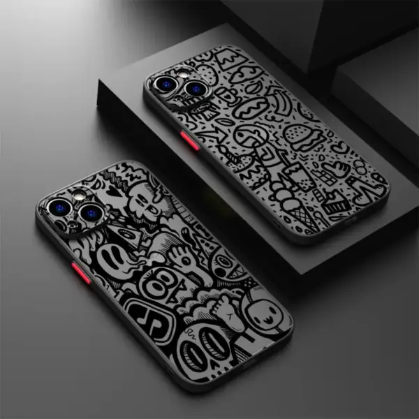 Luxury Black Graffiti Phone Case for iPhone 16 15 11 12 13 14 Pro Max 16 Plus 12 Mini 7 8 XS 15Pro Shockproof Matte Cover