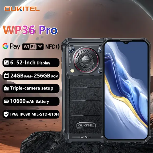 Oukitel WP36 Pro Rugged Smartphone 6.52" HD 60Hz 10600 mAh 6GB+256GB Mobile Phone Android 14 13MP+5MP NFC Cell Phone