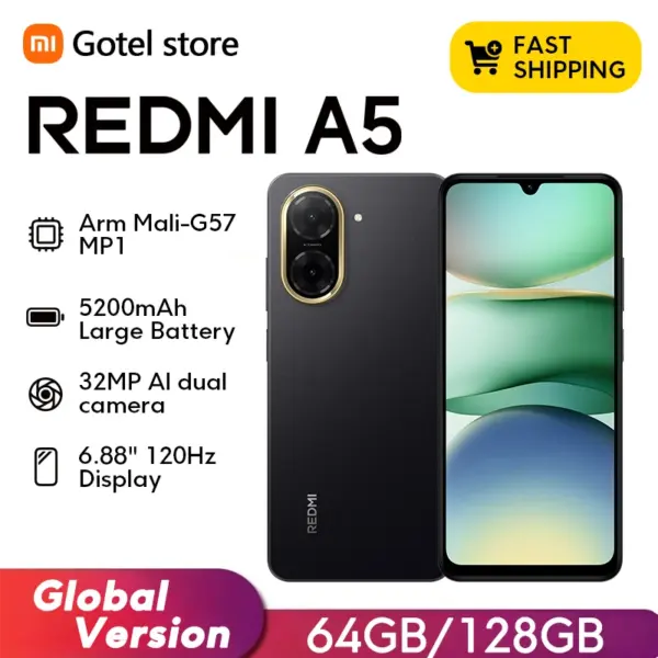 Xiaomi Redmi A5 Global Version Smartphone UNISOC T7250 32MP AI Dual Camera 5200mAh Battery 6.88" display 15W Fast Charging