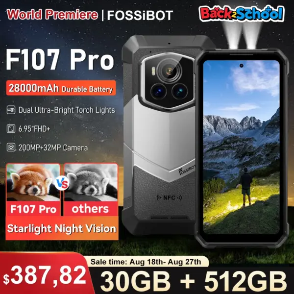 Fossibot F107 Pro Rugged Mobile Phone 30(12+18)Go+512Go Android 15 28000mAh 66W 200MP+32MP 5G NFC/GPS Dual Bright Flashlights