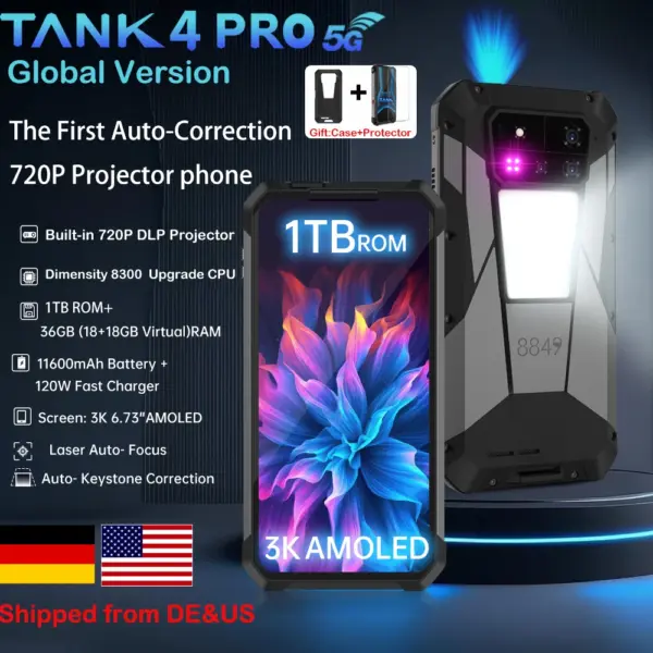 8849 Tank 4 Pro Unihertz 5G Rugged Projector Smartphone 36G 1TB Android 14 Sports Phone 11600mAh Dimensity8300 AMOLED 120HZ
