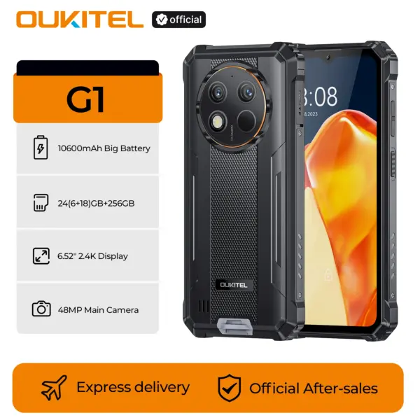 Oukitel G1 Rugged Smartphone Android 24GB (6+18)+256GB 10600mAh 6.52' HD Display NFC Rugged Phone