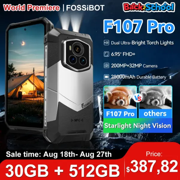 Fossibot F107 Pro Rugged Mobile Phone 30(12+18)Go+512Go Android 15 28000mAh 66W 200MP+32MP 5G NFC/GPS Dual Bright Flashlights