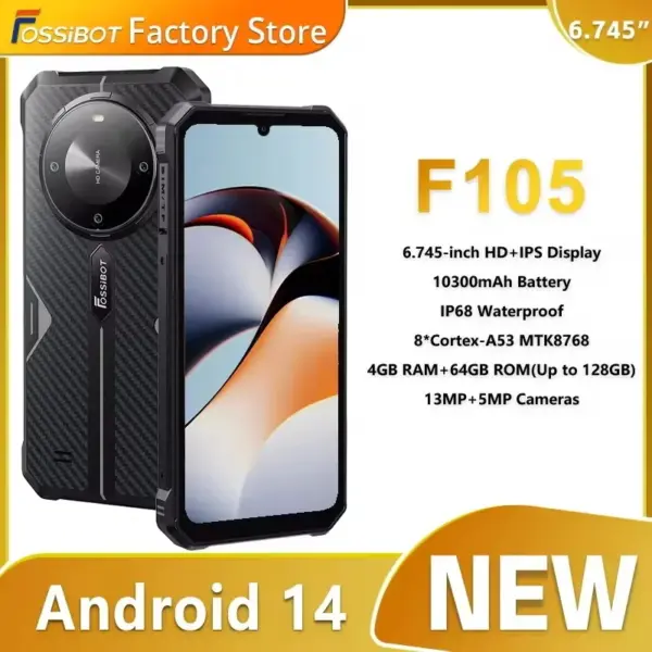FOSSiBOT F105 Rugged Smartphone Android 14 12GB+64GB Mobile Phone 6.745" HD+ IPS Display 20MP Camera 10300mAh Cell phone
