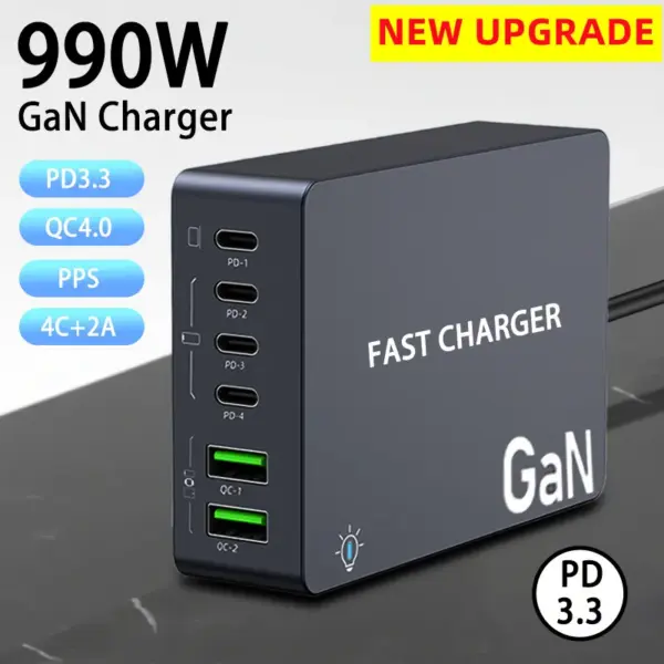 990W USB C GaN Charger 300W PD 3.3 PPS QC4.0 Multiport Fast Charging Station For Laptop iPhone 15 16 Samsung Macbook Pro Tablet