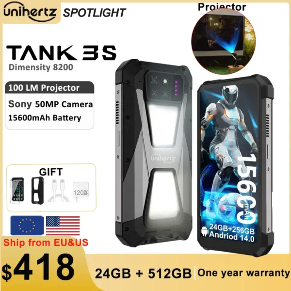 Unihertz tank 3s 8849 powered smartphone with projector 24GB 256GB Dimension 8200 cellphone 15600mAh 66W charger 64MP 5G phone