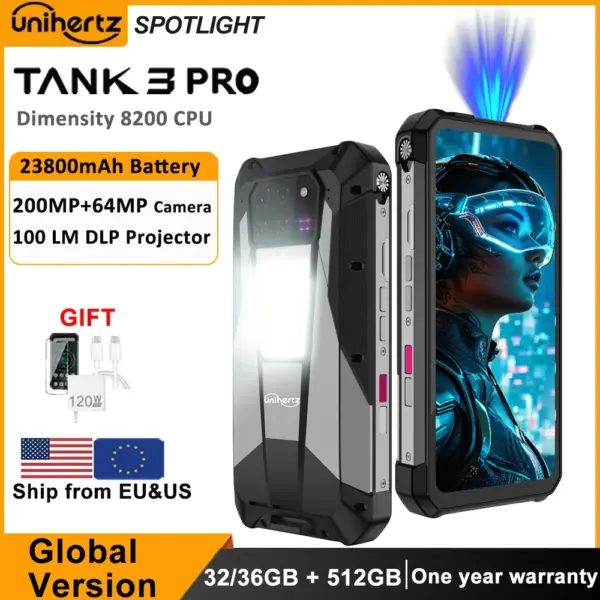 Unihertz Tank 3 Pro 8849 Rugged 5G Smartphone Android with 100 Lumens Projector 32GB 512GB 23800mAh 6.79" FHD Waterproof Phone