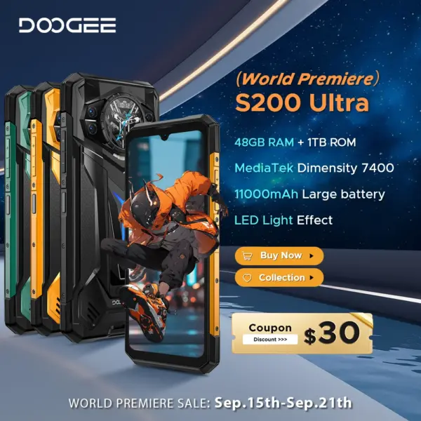 World Premiere DOOGEE S200 Ultra Rugged Phone 48GB+1TB Dimensity 7400 6.72” FHD+120Hz Screen 11000mAh Battery 66W NFC Smartphone