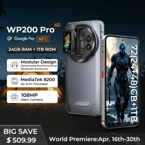 Oukitel WP200 Pro 5G Modular RuggedPhone Detachable Earphone-SmartWatch 72GB+1TB MTK8200 Smartphone 108MP camera