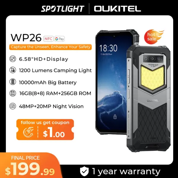 Oukitel WP26 Rugged Smartphone 10000mAh, 8+8GB RAM 256GB ROM, Mobile Phone Android MTK P90 48MP+20MP Night Camera cellphone
