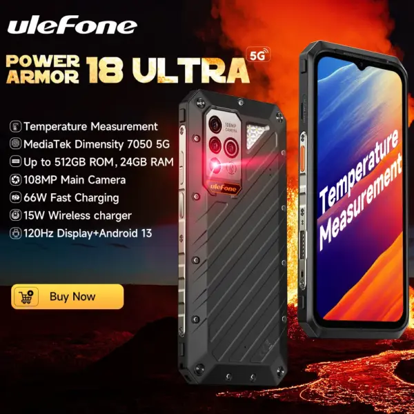 Ulefone Power Armor 18 Ultra 5G Rugged Phone 512GB ROM +24GB RAM Android 13 6.58" 120Hz Smartphone 108MP Camera,9600 mAh 66W NFC