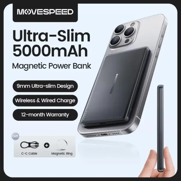 MOVESPEED 5000mAh Magnetic Power Bank Slim Wireless Powerbank Portable External Battery for Magsafe for iPhone 16 15 Samsung S24