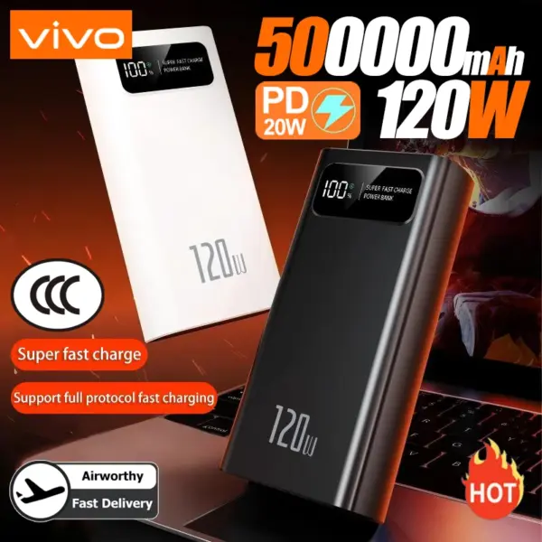 VIVO 200000mAh LED Digital Display Power Bank High Capacity 120W Super Fast Charging Portable External Battery For IPhone New