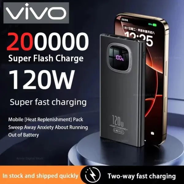 VIVO 200000mAh Power Bank 120W Fast Charging Large Capacity LED Digital Display Portable External Battery For Iphone Samsung New