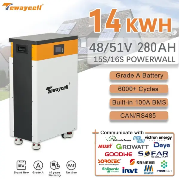 Tewaycell 48v 280AH Powerwall 14KWH Lithium Iron Phosphate Solar Battery Buitl-in BMS RS485 CAN for Inverter Home Storage System