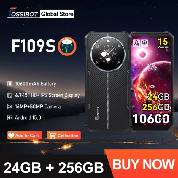 FOSSIBOT F109S Rugged Smartphone 10600mAh 6.745"HD+ Android 15 24(6+18)GB+256GB 50MP NFC/GPS 18W 4G Face ID Dual Screen