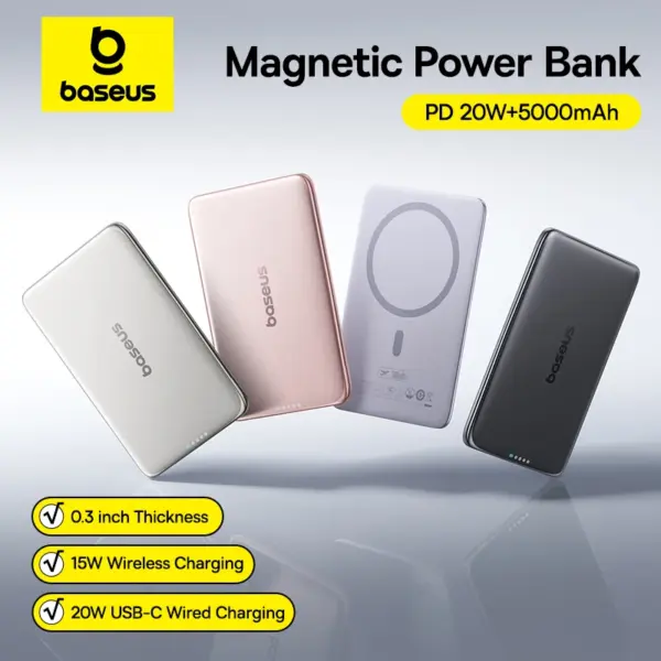Baseus 5000mAh Magnetic Power Bank 15W Wireless 20W Wired Charging Thin Card-Sized Slim Portable Powerbank for iPhone Samsung
