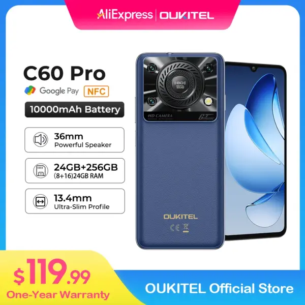 Oukitel C60 PRO smartphone 10000mAh Battery 24GB+256GB 6.88"HD 90Hz Android 15 13.4nm 36mm Powerful Speaker cell phone