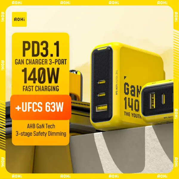 AOHI Youth 140W GaN Charger PD3.1 3-Port Type C Quick Charge For Macbook Pro Laptop USB Fast Charger For iPhone 16 Xiaomi Tablet